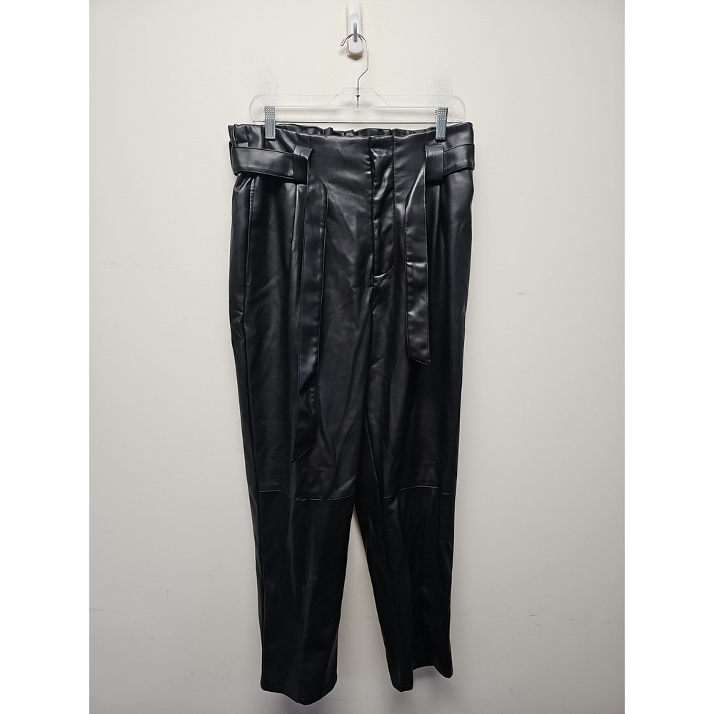 Rachel Zoe Women Black Faux Leather Pants Size Large Belted Elastic Waist Pocket